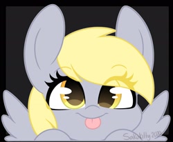 Size: 2048x1686 | Tagged: safe, artist:sakukitty, derpibooru import, derpy hooves, pegasus, pony, :p, black background, bust, cute, derpabetes, eye clipping through hair, female, looking at you, mare, portrait, simple background, solo, tongue out