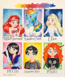 Size: 1080x1280 | Tagged: safe, alternate version, artist:watercolour.lily, derpibooru import, rainbow dash, human, mermaid, pegasus, pony, ariel, bra, brave (movie), bust, clothes, cloud, crossover, elsa, female, frozen (movie), mare, merida, mulan, on a cloud, prone, six fanarts, sword, the little mermaid, underwear, weapon