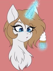 Size: 1536x2048 | Tagged: safe, artist:pearl123_art, derpibooru import, oc, oc only, oc:pearl, pony, unicorn, bust, chest fluff, eyelashes, female, food, glowing horn, horn, ice cream, ice cream cone, magic, mare, pink background, simple background, solo, telekinesis, unicorn oc