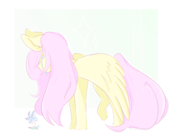 Size: 1085x869 | Tagged: safe, artist:cooljuicecat, derpibooru import, fluttershy, pegasus, pony, crying, female, flower, looking away, mare, raised leg, solo, sparkles, spread wings, standing, teary eyes, wings