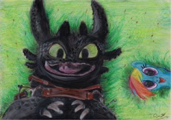 Size: 1280x897 | Tagged: safe, artist:darkwetoxy, derpibooru import, rainbow dash, oc, oc:chilling, pegasus, pony, crayons, grass, happy, how to train your dragon, toothless the dragon