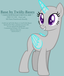 Size: 725x857 | Tagged: safe, artist:shiibases, derpibooru import, oc, alicorn, pony, simple ways, alicorn oc, bald, base, blue background, female, grin, horn, looking back, mare, simple background, smiling, solo, wings