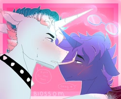 Size: 1280x1049 | Tagged: safe, artist:shinningblossom12, derpibooru import, oc, oc only, pony, unicorn, blushing, bust, choker, cuffs, dialogue, gay, glowing horn, horn, magic, male, oc x oc, shipping, spiked choker, stallion, telekinesis, unicorn oc