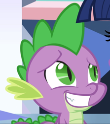 Size: 732x819 | Tagged: safe, derpibooru import, screencap, spike, dragon, the times they are a changeling, cropped, cute, cute little fangs, fangs, looking up, smiling, solo, spikabetes, teeth