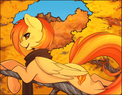 Size: 1280x996 | Tagged: safe, artist:spittfireart, derpibooru import, edit, spitfire, pegasus, pony, alternate hairstyle, autumn, clothes, cute, cutefire, female, leaves, mare, open mouth, prone, scarf, smiling, solo, tree, underhoof