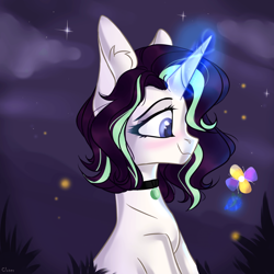 Size: 1920x1920 | Tagged: safe, artist:lazuli, derpibooru import, oc, oc only, firefly (insect), insect, pony, blushing, bust, choker, commission, ear fluff, glowing horn, horn, night, smiling, solo, stars, ych result