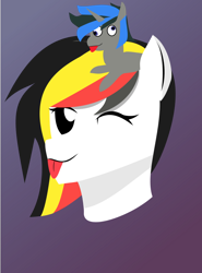 Size: 576x777 | Tagged: safe, artist:samsailz, derpibooru import, oc, oc only, pony, cross-eyed, derp, doll, fanart, gradient background, lineless, mlem, one eye closed, silly, simple shading, tongue out, toy, wink
