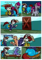 Size: 1920x2716 | Tagged: safe, artist:khaki-cap, derpibooru import, oc, oc only, oc:khaki-cap, oc:zjin-wolfwalker, earth pony, griffon, unicorn, zebra, comic:comically different mishaps, bag, butt, butt bump, comic page, commissioner:buffaloman20, earth pony oc, extra thicc, griffon oc, horn, house, inside, jean thicc, jiggle, kicking, lithography, multiple characters, page, pomf, rear view, running, saddle bag, school, sitting, smiling, smirk, smug, stone, thicc ass, unicorn oc, unicron, wiggle, zebra oc