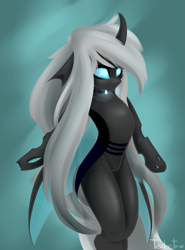 Size: 2217x3000 | Tagged: safe, artist:teelastrie, derpibooru import, oc, oc only, oc:teelas, changeling, changeling oc, featureless crotch, female, glowing eyes, high res, solo