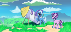 Size: 2048x936 | Tagged: safe, artist:silverhopexiii, derpibooru import, starlight glimmer, trixie, pony, unicorn, cape, clothes, duo, female, hat, looking at each other, mare, mountain, rocket, scenery, smiling, this will not end well, toy interpretation, trixie's rocket