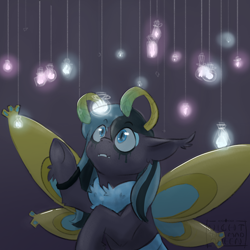 Size: 3000x3000 | Tagged: safe, artist:night_the_mad_queen, derpibooru import, oc, oc only, oc:lymantria, moth, mothpony, original species, pony, antennae, chest fluff, colored sclera, commission, ear fluff, eye clipping through hair, eyebrows visible through hair, eyeliner, eyeshadow, gray background, hoof fluff, light, looking up, makeup, male, raised hoof, running makeup, simple background, slit eyes, solo, underhoof, watermark, wings, wristband, ych result