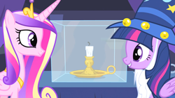 Size: 1920x1080 | Tagged: safe, derpibooru import, screencap, princess cadance, twilight sparkle, twilight sparkle (alicorn), alicorn, pony, three's a crowd, candle, duo, fake beard, hat, sisters-in-law, star swirl the bearded costume, wizard hat