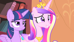 Size: 1920x1080 | Tagged: safe, derpibooru import, screencap, princess cadance, twilight sparkle, twilight sparkle (alicorn), alicorn, pony, three's a crowd, duo, golden oaks library, sisters-in-law, twilight is not amused, unamused