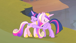 Size: 1920x1080 | Tagged: safe, derpibooru import, screencap, princess cadance, twilight sparkle, twilight sparkle (alicorn), alicorn, pony, three's a crowd, duo, hug, sisters-in-law