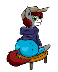 Size: 3369x4178 | Tagged: safe, artist:khaki-cap, derpibooru import, oc, oc only, oc:khaki-cap, earth pony, butt, buttcheeks, cap, chair, clothes, dock, earth pony oc, extra thicc, hat, hoodie, jean butt, jean thicc, jeans, large butt, looking at you, looking back, looking back at you, male, pants, simple background, smiling, smiling at you, stallion, tail, thicc ass, thick, transparent background