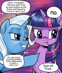 Size: 524x614 | Tagged: safe, artist:pencils, derpibooru import, edit, trixie, twilight sparkle, twilight sparkle (alicorn), alicorn, pony, unicorn, :t, blushing, chest fluff, comic, comic sans, cropped, duo, duo female, female, great and powerful, hoof on chest, liar, mare, smiling, smirk, speech bubble, telling lies, vulgar