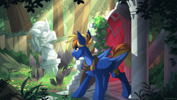 Size: 6500x3657 | Tagged: safe, artist:redchetgreen, derpibooru import, oc, oc only, pegasus, pony, bust, forest, ruins, solo, statue