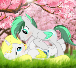Size: 3331x2990 | Tagged: safe, artist:doctor raymond, derpibooru import, oc, oc only, oc:dreamer skies, oc:sweetie shy, alicorn, pegasus, pony, alicorn oc, blushing, complex background, couple, cute, eye contact, female, grass, happy, horn, husband and wife, implied kissing, looking at each other, love, lying down, lying in grass, male, oc x oc, on top, pegasus oc, romantic, scenery, shipping, smiling, stallion, tongue out, tree, wings