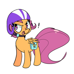 Size: 2500x2500 | Tagged: safe, artist:kindakismet, derpibooru import, scootaloo, pegasus, pony, bag, cute, cutealoo, exclamation point, female, filly, helmet, high res, open mouth, saddle bag, simple background, solo, white background