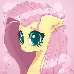 Size: 2000x2000 | Tagged: safe, artist:navokin, derpibooru import, fluttershy, pegasus, pony, abstract background, bust, cropped, cute, ear fluff, female, floppy ears, high res, looking at you, mare, portrait, shyabetes, smiling, solo, stray strand, three quarter view