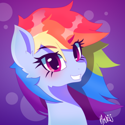 Size: 2000x2000 | Tagged: safe, artist:navokin, derpibooru import, rainbow dash, pegasus, pony, abstract background, bust, cropped, ear fluff, eye clipping through hair, female, grin, high res, looking at you, mare, portrait, smiling, solo, three quarter view