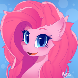 Size: 2000x2000 | Tagged: safe, artist:navokin, derpibooru import, pinkie pie, earth pony, pony, abstract background, bust, cropped, ear fluff, female, high res, looking at you, mare, open mouth, portrait, smiling, solo, three quarter view