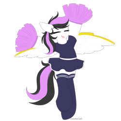 Size: 3000x3000 | Tagged: safe, artist:xcinnamon-twistx, derpibooru import, oc, oc only, oc:lasting charity, pegasus, cheerleader, clothes, commission, eyes closed, happy, open mouth, pom pom, shirt, simple background, skirt, socks, solo, stockings, thigh highs, transparent background, ych result