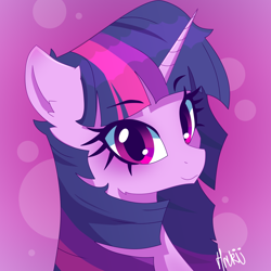 Size: 2000x2000 | Tagged: safe, artist:navokin, derpibooru import, twilight sparkle, unicorn twilight, pony, unicorn, abstract background, bust, cropped, ear fluff, female, high res, looking at you, mare, portrait, smiling, solo, three quarter view