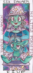 Size: 486x1080 | Tagged: safe, alternate version, artist:twilightcomet, derpibooru import, trixie, pony, unicorn, equestria girls, bust, cape, clothes, female, hat, mare, open mouth, self ponidox, smiling, smirk, traditional art, trixie's cape, trixie's hat, underhoof
