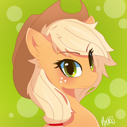 Size: 2000x2000 | Tagged: safe, artist:navokin, derpibooru import, applejack, earth pony, pony, abstract background, blushing, bust, cropped, ear fluff, eye clipping through hair, female, hat, high res, looking at you, mare, portrait, smiling, solo, three quarter view