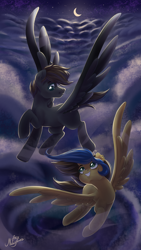 Size: 2200x3900 | Tagged: safe, artist:ariamidnighters, derpibooru import, oc, oc only, pegasus, pony, cloud, crescent moon, duo, female, flying, looking at each other, male, mare, moon, night, smiling, stallion