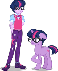 Size: 3233x4000 | Tagged: safe, alternate version, artist:orin331, derpibooru import, dusk shine, sci-dusk, sci-twi, twilight sparkle, pony, unicorn, equestria girls, :t, arm behind back, bowtie, clothes, cutie mark, cutie mark on clothes, equestria guys, floppy ears, geode of telekinesis, glasses, high res, human ponidox, magical geodes, male, pants, raised hoof, rule 63, self paradox, self ponidox, shirt, shoes, simple background, stallion, sweater vest, transparent background, unicorn sci-dusk, unicorn sci-twi