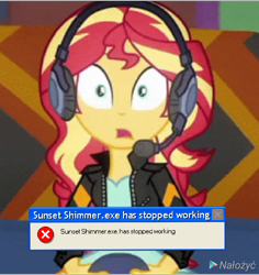 Size: 720x763 | Tagged: safe, derpibooru import, edit, edited screencap, screencap, sunset shimmer, better together, equestria girls, game stream, error, meme, solo, windows, windows xp, x.exe stopped working