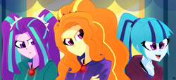 Size: 6262x2850 | Tagged: safe, artist:xan-gelx, derpibooru import, adagio dazzle, aria blaze, sonata dusk, equestria girls, rainbow rocks, absurd resolution, clothes, female, gem, happy, hoodie, looking at you, open mouth, siren gem, smiling, the dazzlings