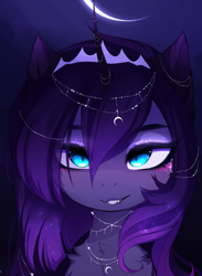 Size: 476x650 | Tagged: safe, artist:magnaluna, derpibooru import, princess luna, alicorn, pony, blushing, chest fluff, crown, female, jewelry, lip bite, regalia, solo