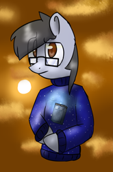 Size: 2575x3894 | Tagged: safe, artist:asklightning, derpibooru import, oc, oc only, oc:silver bristle, earth pony, pony, semi-anthro, clothes, confused, digital art, doctor who, glasses, looking at you, male, necktie, simple background, stallion, sweater, tardis