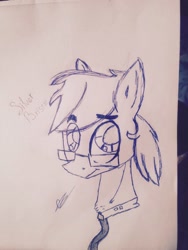 Size: 640x852 | Tagged: artist needed, source needed, safe, derpibooru import, oc, oc only, oc:silver bristle, earth pony, pony, bust, chest fluff, eyebrows visible through hair, glasses, looking at you, male, necktie, paper, pencil drawing, photo, signature, solo, stallion, traditional art