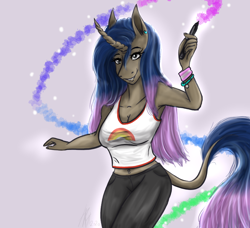 Size: 904x826 | Tagged: safe, artist:zsnowfilez, derpibooru import, anthro, unicorn, anthrofied, belly button, breasts, cleavage, clothes, da 20th birthday, deviantart, female, shirt, solo