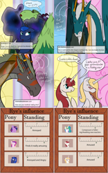 Size: 2562x4118 | Tagged: safe, artist:omutant2, artist:professor-ponyarity, derpibooru import, princess cadance, princess celestia, princess luna, twilight sparkle, twilight sparkle (alicorn), oc, oc:bonniecorn, oc:fausticorn, oc:rye, alicorn, dragon, pony, dimar: lost waters, ethereal mane, glowing eyes, luuko, olitar, tumblr:ask rye dimar dragon