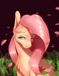 Size: 1467x1900 | Tagged: safe, artist:dumddeer, derpibooru import, fluttershy, pegasus, pony, bust, cheek fluff, chest fluff, cute, ear fluff, female, fern, mare, petals, shyabetes, solo