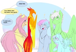 Size: 2048x1386 | Tagged: safe, artist:shinningblossom12, derpibooru import, fluttershy, philomena, oc, oc:drawing, oc:shinning blossom, pegasus, phoenix, pony, :o, dialogue, female, filly, jewelry, male, mare, necklace, open mouth, pegasus oc, solo, stallion, surprised, wings