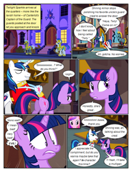 Size: 612x792 | Tagged: safe, artist:newbiespud, derpibooru import, edit, edited screencap, screencap, princess cadance, shining armor, twilight sparkle, unicorn twilight, alicorn, pony, unicorn, comic:friendship is dragons, armor, building, clothes, comic, dialogue, eyelashes, eyes closed, female, male, mare, royal guard, screencap comic, stallion