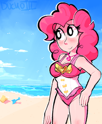 Size: 1020x1232 | Tagged: safe, artist:duckoiii, derpibooru import, pinkie pie, better together, equestria girls, attached skirt, beach, blushing, bucket, clothes, cute, diapinkes, female, geode of sugar bombs, hand on hip, magical geodes, one-piece swimsuit, skirt, solo, spade, swimsuit