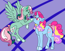 Size: 1183x937 | Tagged: safe, artist:furthehorde, derpibooru import, fizzy, sweet pop (g1), pegasus, twinkle eyed pony, unicorn, g1, abstract background, boop, flying, race swap, scrunchy face