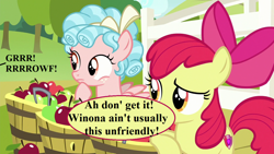 Size: 1280x720 | Tagged: safe, derpibooru import, edit, edited screencap, screencap, apple bloom, cozy glow, pegasus, pony, marks for effort, apple, apple tree, barking, basket, bushel basket, food, growling, hair bow, implied winona, speech, speech bubble, sweet apple acres, talking, tree