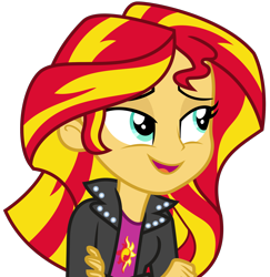 Size: 2172x2231 | Tagged: safe, artist:sketchmcreations, derpibooru import, sunset shimmer, equestria girls, rainbow rocks, clothes, crossed arms, female, jacket, leather jacket, open mouth, simple background, smiling, transparent background, vector