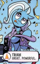 Size: 479x755 | Tagged: safe, artist:andypriceart, derpibooru import, idw, trixie, pony, unicorn, spoiler:comic, spoiler:comic89, cape, clothes, comic, hat, official comic, tongue out, trixie's cape, trixie's hat