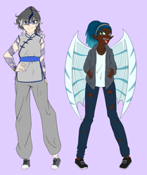 Size: 2036x2436 | Tagged: safe, artist:vnagato, derpibooru import, oc, oc only, oc:flipside (ice1517), oc:moonstryk, human, vampire, bat wings, bracelet, clothes, converse, dark skin, ear piercing, elf ears, eyeshadow, fangs, female, glasses, humanized, icey-verse, jacket, jeans, jewelry, makeup, multicolored hair, necklace, pants, piercing, purple background, request, ripped jeans, shoes, simple background, tattoo, tongue out, tongue piercing, torn clothes, winged humanization, wings, wristband