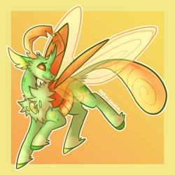 Size: 1000x1000 | Tagged: safe, artist:rockin_candies, derpibooru import, thorax, changedling, changeling, abstract background, antlers, chest fluff, elytra, horn, king thorax, male, smiling, solo, spread wings, wings