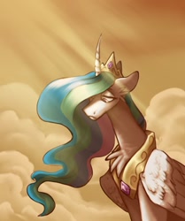 Size: 1000x1198 | Tagged: safe, artist:rockin_candies, derpibooru import, princess celestia, alicorn, pony, cloud, crepuscular rays, drooping wings, female, horn, jewelry, regalia, sad, sadlestia, solo, wings